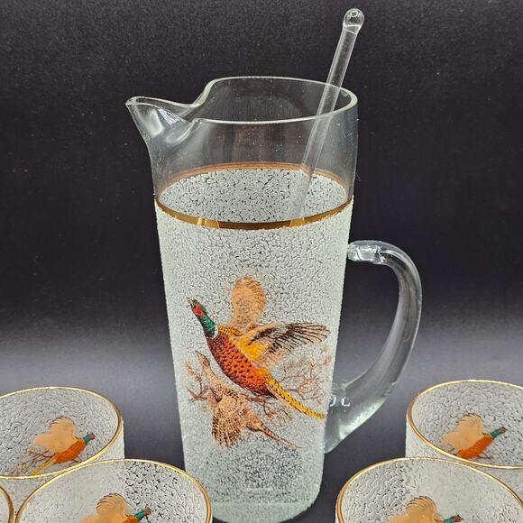 Vintage Pebble Rock Martini Pitcher Set Pheasant Gold Rim 6 Glasses Stirrer 50s - Picture 2 of 9